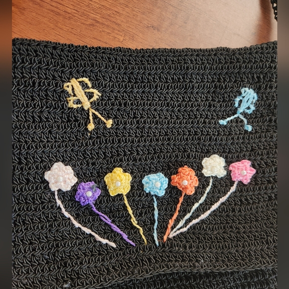 Flower Embroidered Black Crochet Crossbody Bag - Picture 3 of 5